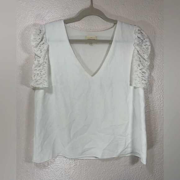 Sezane Colette Blouse Vneck Short Sleeve Lace Puff Shoulder White Women’s US 10 - Picture 1 of 11